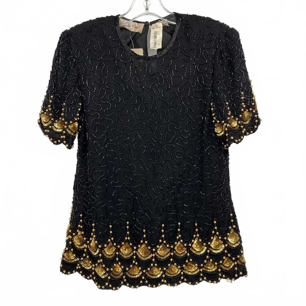 Laurence Kazar Black Gold Beaded Shoulder Pad Blouse | Womens M